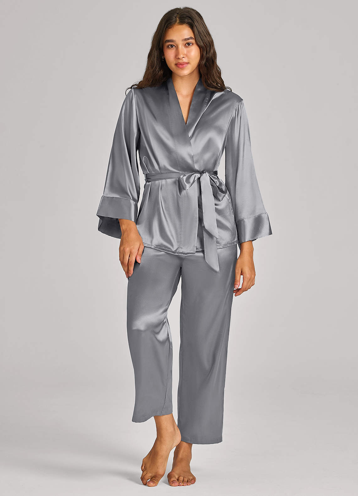 front Matching Color Satin Wrap Front Belted PJ Set