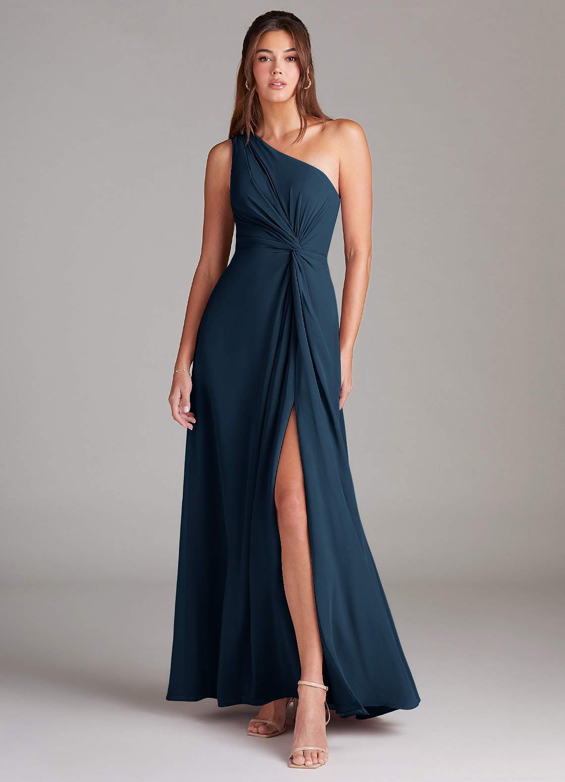 a line one shoulder bridesmaid dress Azazie A-Line One-Shoulder Floor-Length Chiffon Dresses Size:Shoe Size 13-16 Ideal for bridesmaids Fedoras Flared Sleeve Ruched Panel