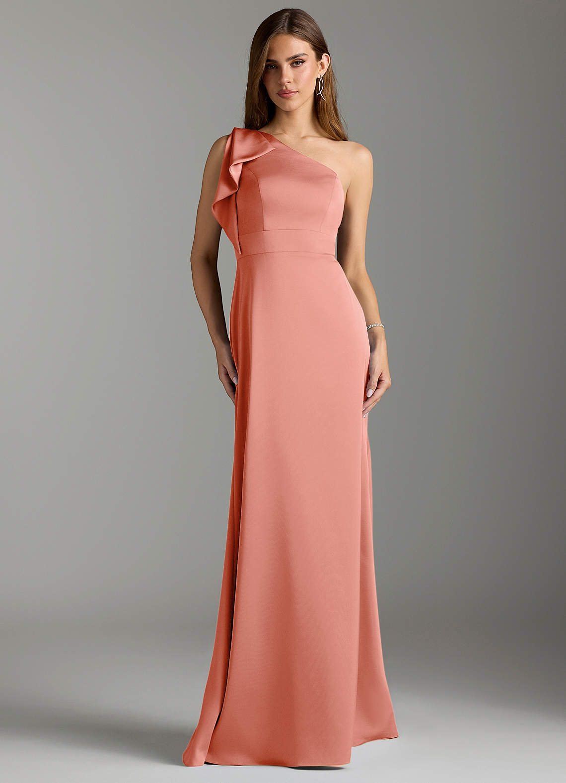 Azazie Rinna Bridesmaid Dresses Coral Mermaid Ruched Stretch Satin Dress image1