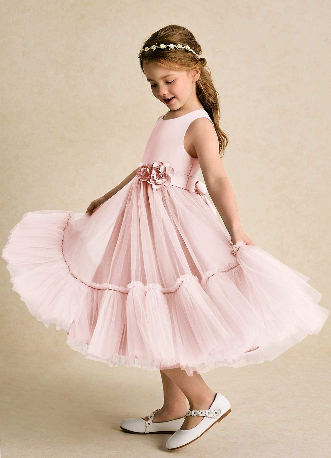 Azazie Miracle Flower Girl Dresses Blushing Pink A-Line Bow Matte Satin Dress image1