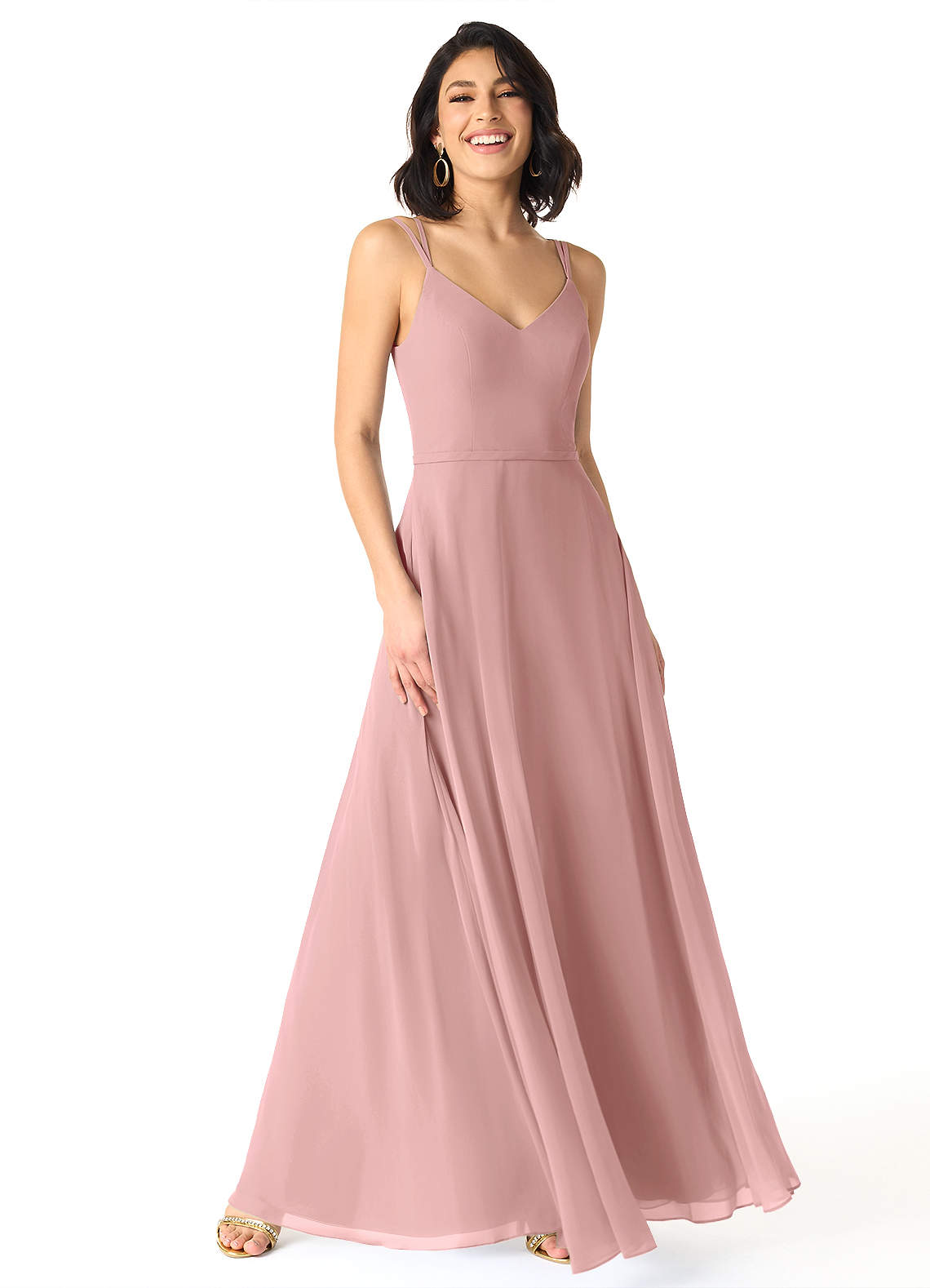Azazie Janine Vestidos de damas de honor Vestido de Rosa Polvorienta de Gasa de Corte en A con Cuello en V image1