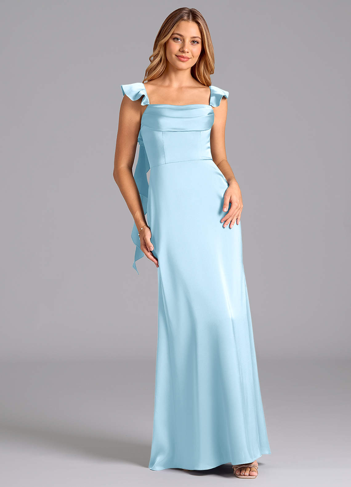 Azazie Adi Bridesmaid Dresses Sky Blue A-Line Pleated Stretch Satin Dress image1
