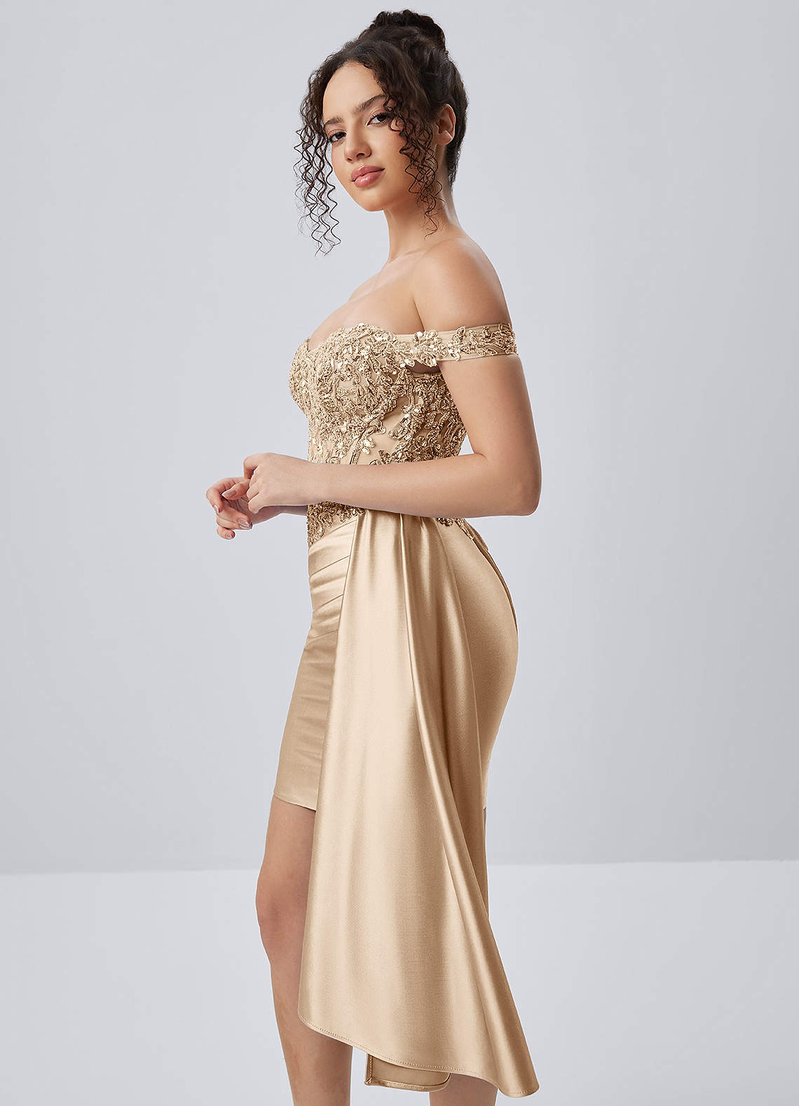 Oralien Champagne Beading Sequin Embroidery Stretch Satin Ruffles Corset Lace-Up Mini Dress