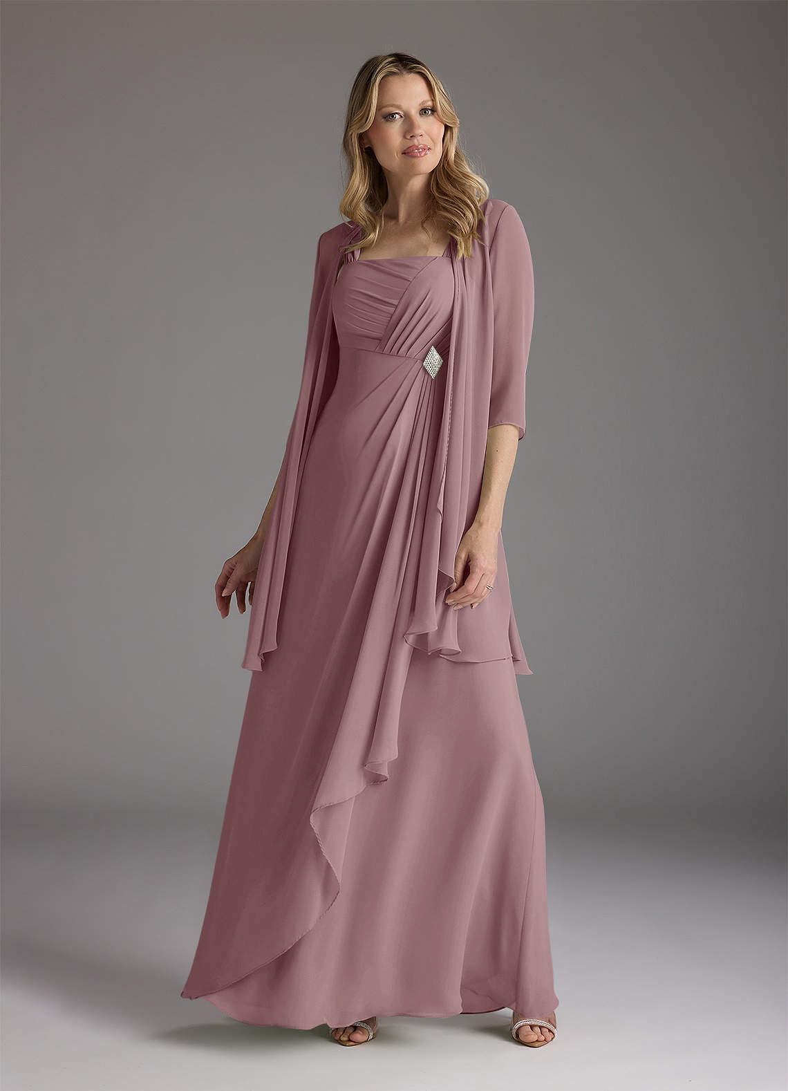 Azazie Weisz Abiti per la Madre della Sposa Abito A-Line in Chiffon Plissettato con Scollo Quadrato Rosa Polverosa image1