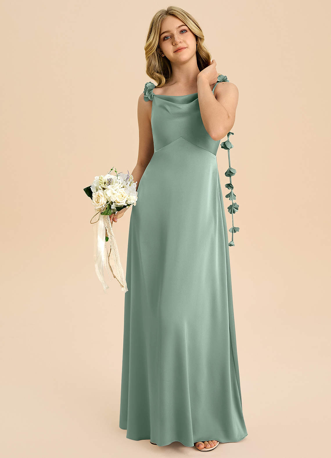 Azazie Gumdrop Junior Agave Empire Pleated Stretch Satin Dress image1