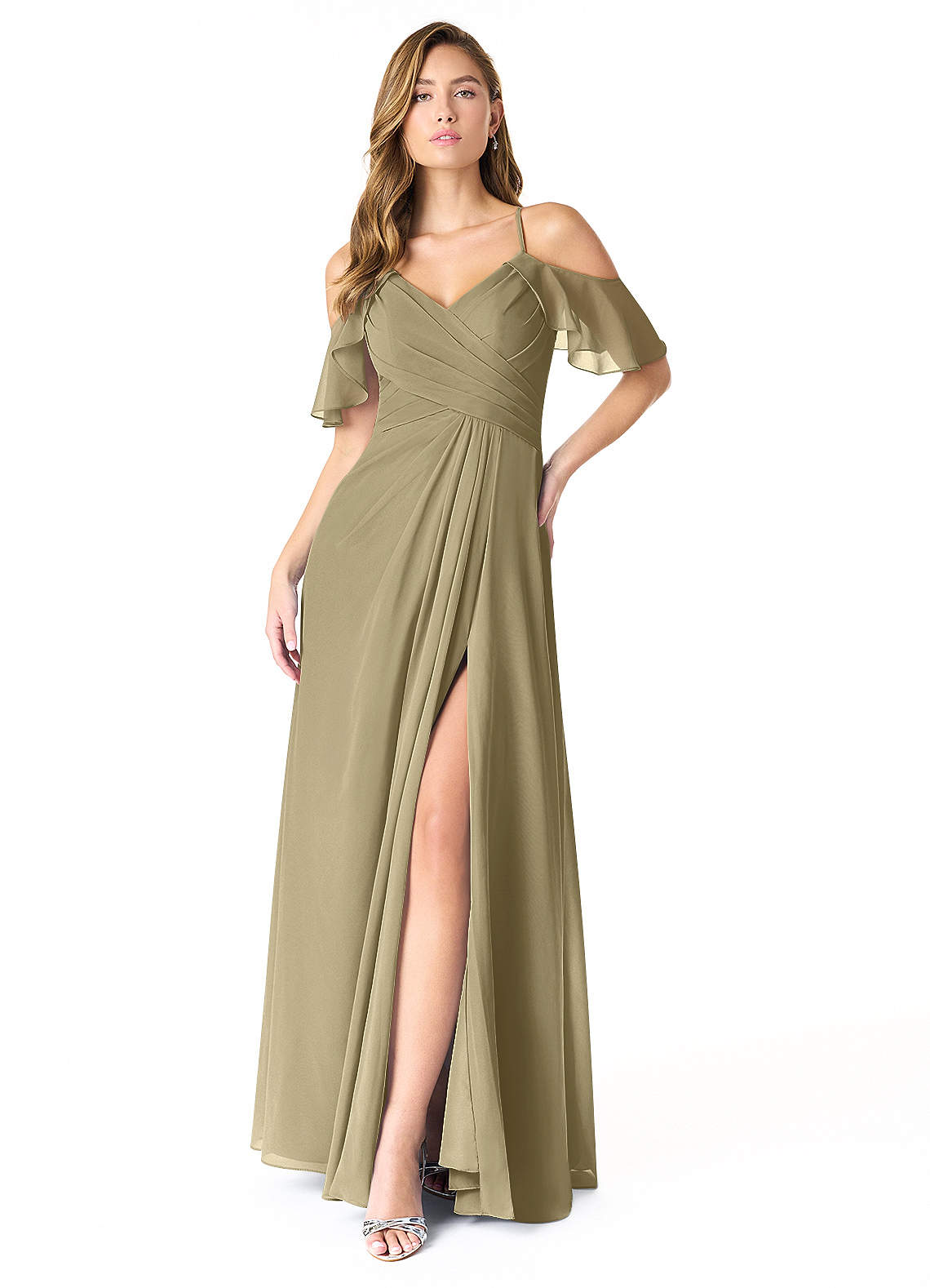Azazie Dakota Brautjungfernkleider A-Linie V-Hals Gefaltet Chiffon Kleid Moosgrün image1