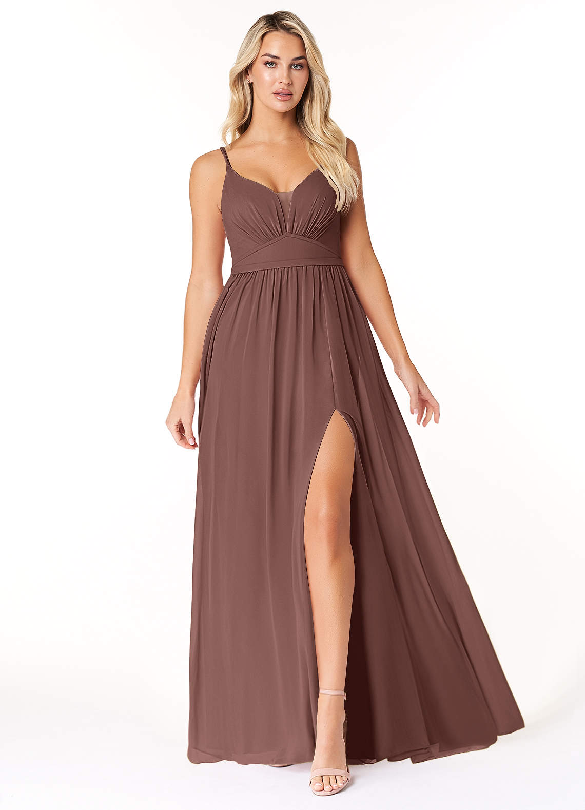 Azazie Rayna Bridesmaid Dresses Espresso A-Line V-Neck Pleated Chiffon Dress image1