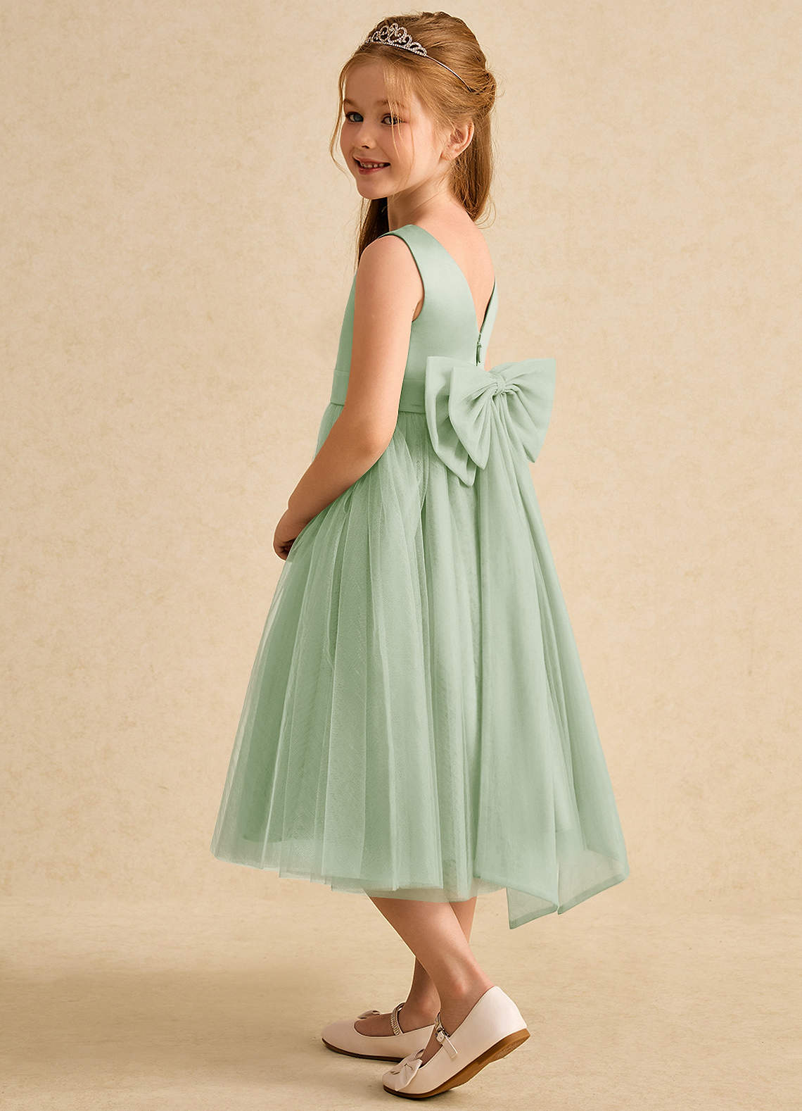 Azazie Winnie Flower Girl Dresses Dusty Sage Ball-Gown Bow Tulle Dress image4