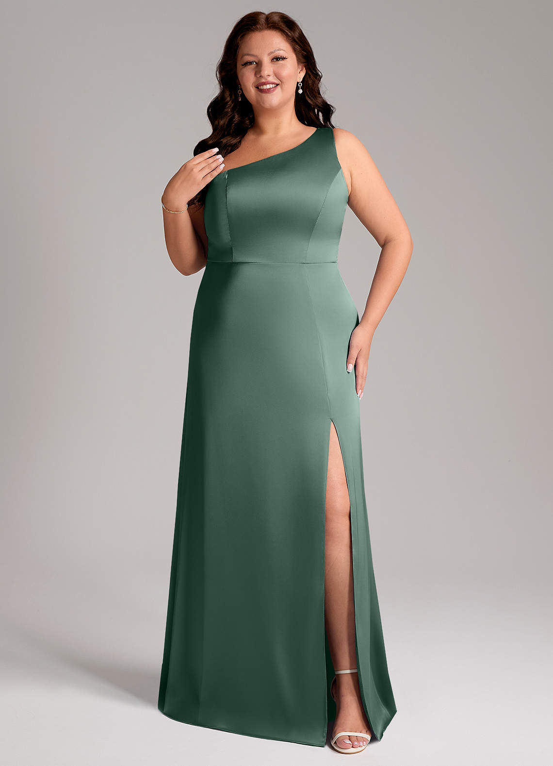 Azazie Phaedra Abiti da Damigella Abito A-Line in Raso Elasticizzato Monospalla Eucalipto image1