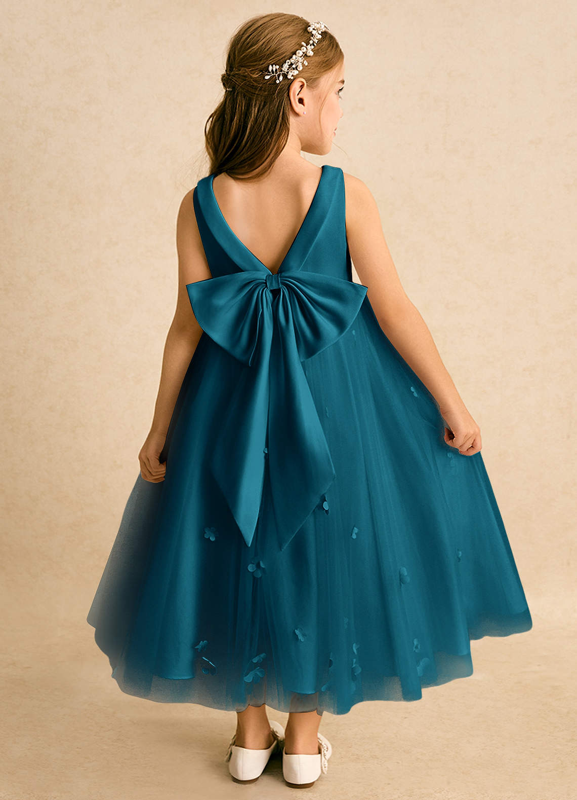 Azazie Angel Jurken voor bloemenmeisjes Baljurk Jurk van Tule Boog Inkt Blauw image1