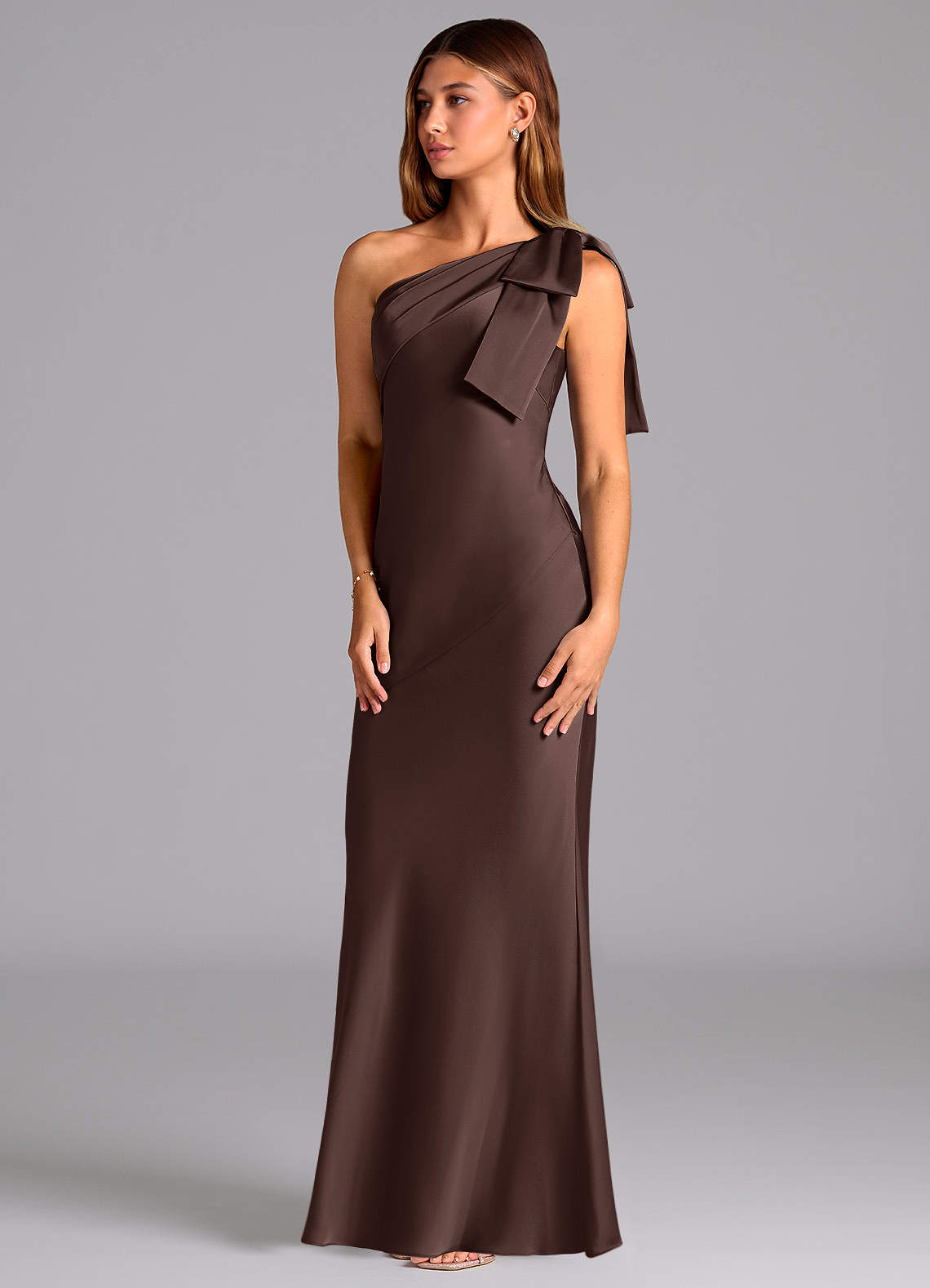 Azazie Yuanna Bridesmaid Dresses Ganache Mermaid One Shoulder Stretch Satin Dress image3