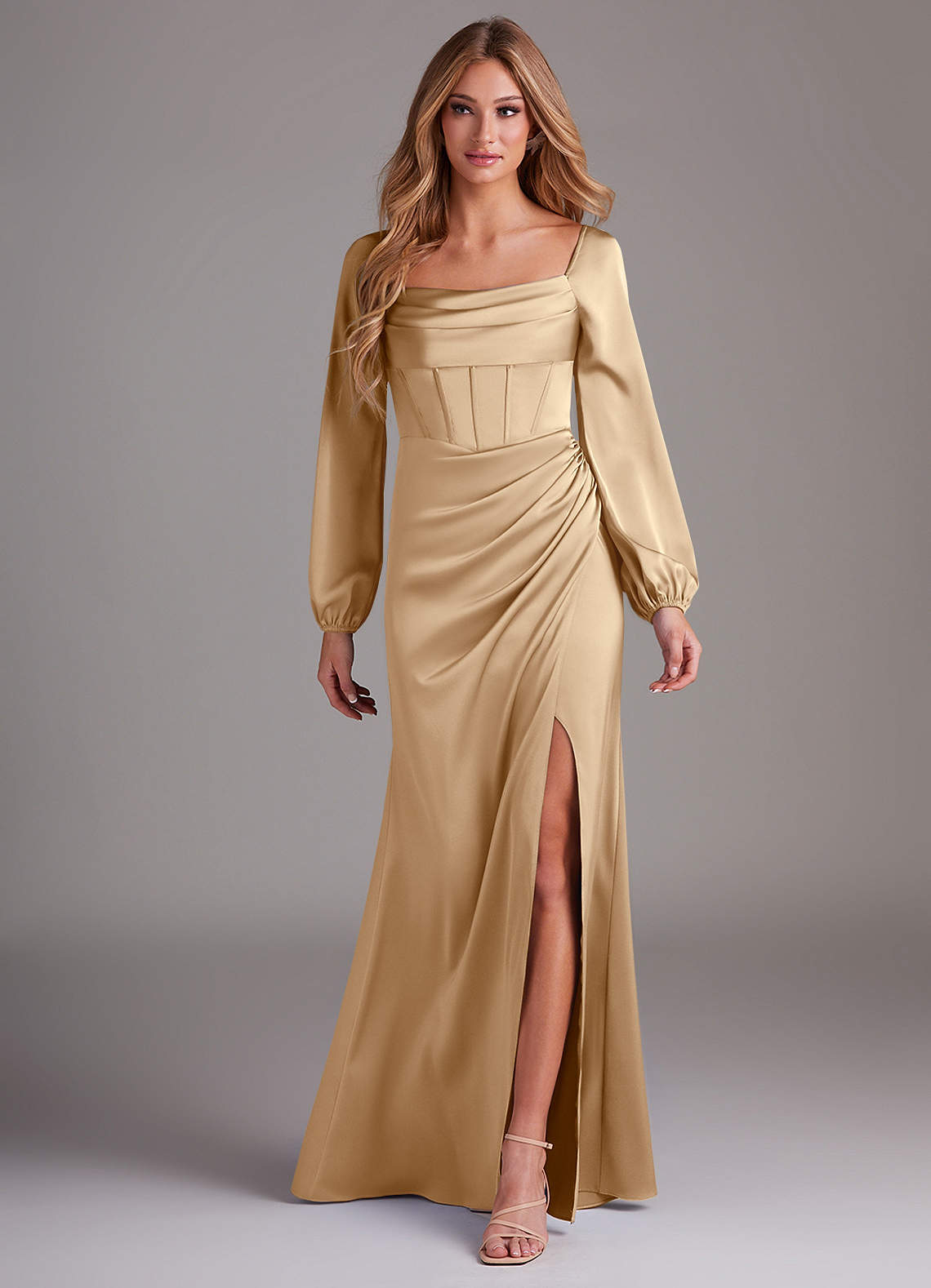 Azazie Charissa Bridesmaid Dresses Champagne Sheath Long Sleeve Stretch Satin Dress image1