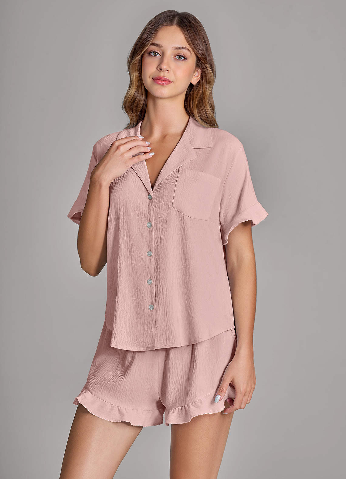 front Matching Color Ruffled Cloud-Soft Pajama Set