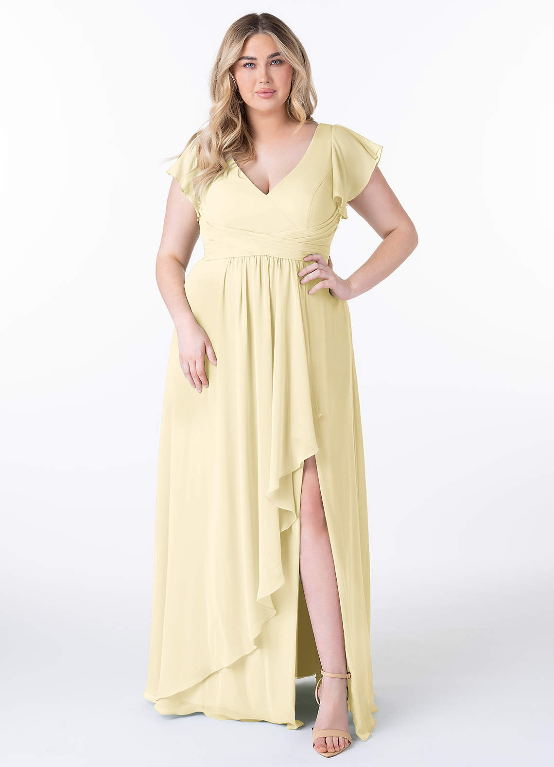 Azazie Omari Robes de demoiselle d'honneur Robe Trapèze en Mousseline de soie Sorbet Citron image1