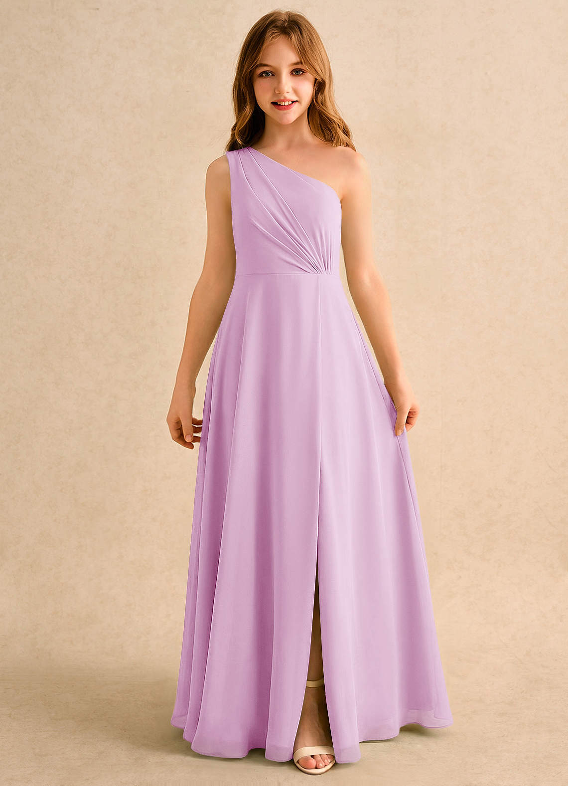 Azazie Puddles Girls Formal Robe Demoiselle D'honneur Fillette Robe Trapèze en Mousseline de soie Une épaule Rose Bonbon image5