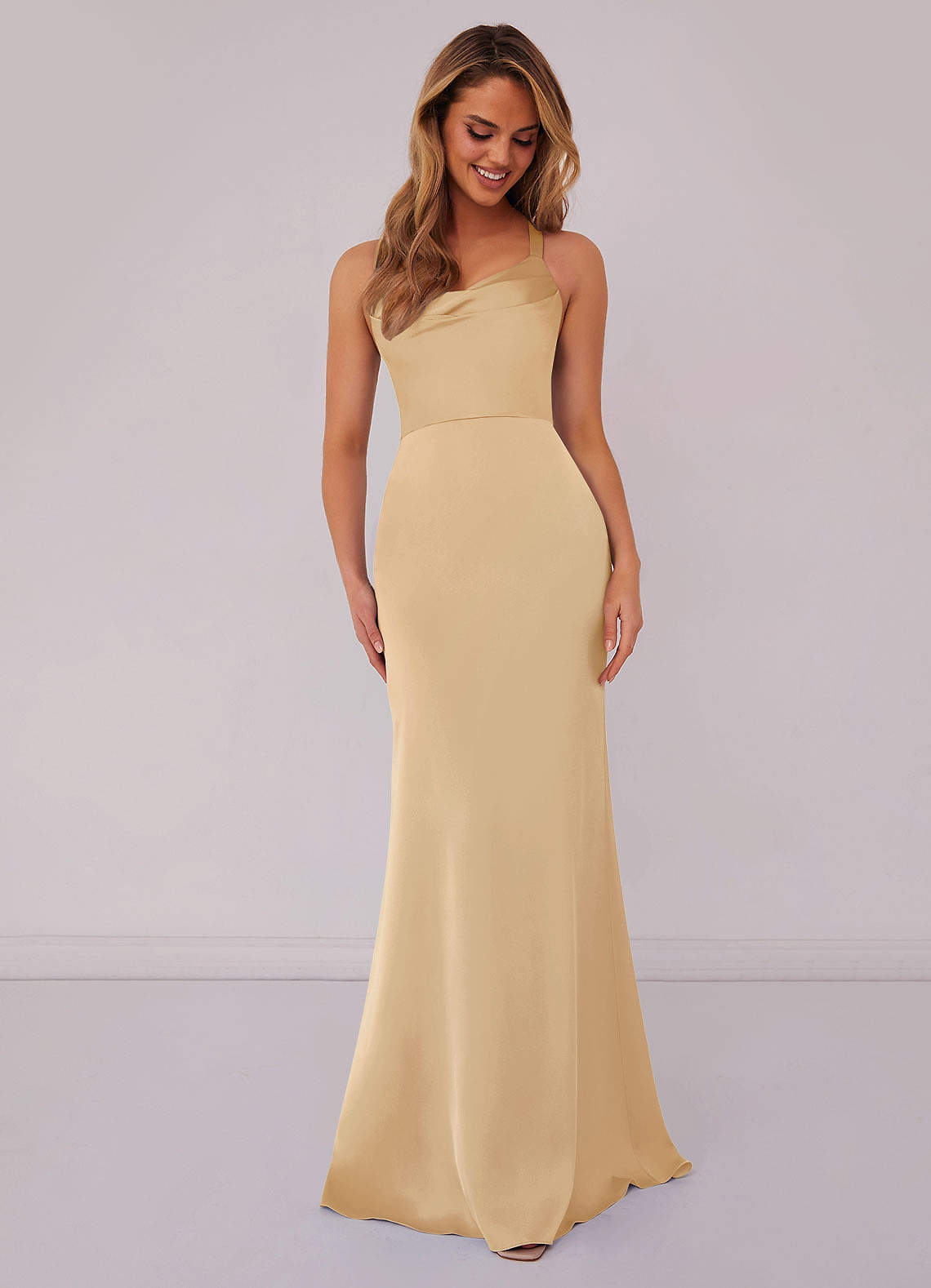 Barbie  AZAZIE 1007 Ready to Ship Gold Stretch Satin Bridesmaid Dresses |  Azazie