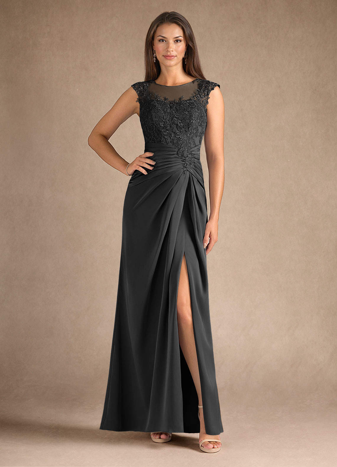 Azazie Santa Barbara Abiti per la Madre della Sposa Abito Tubino in Raso Elasticizzato Plissettato Nero image1