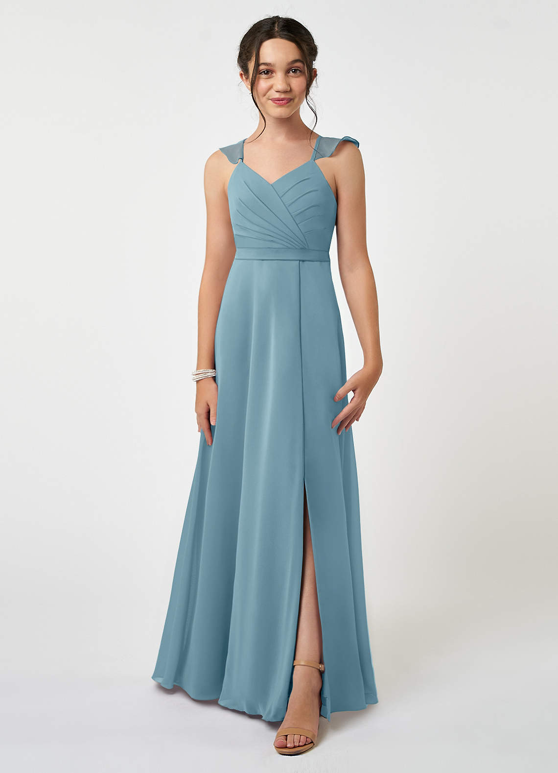 Azazie Emily Junior A-Linie Gestreift Chiffon Kleid Stimmungsvolles Blau image1
