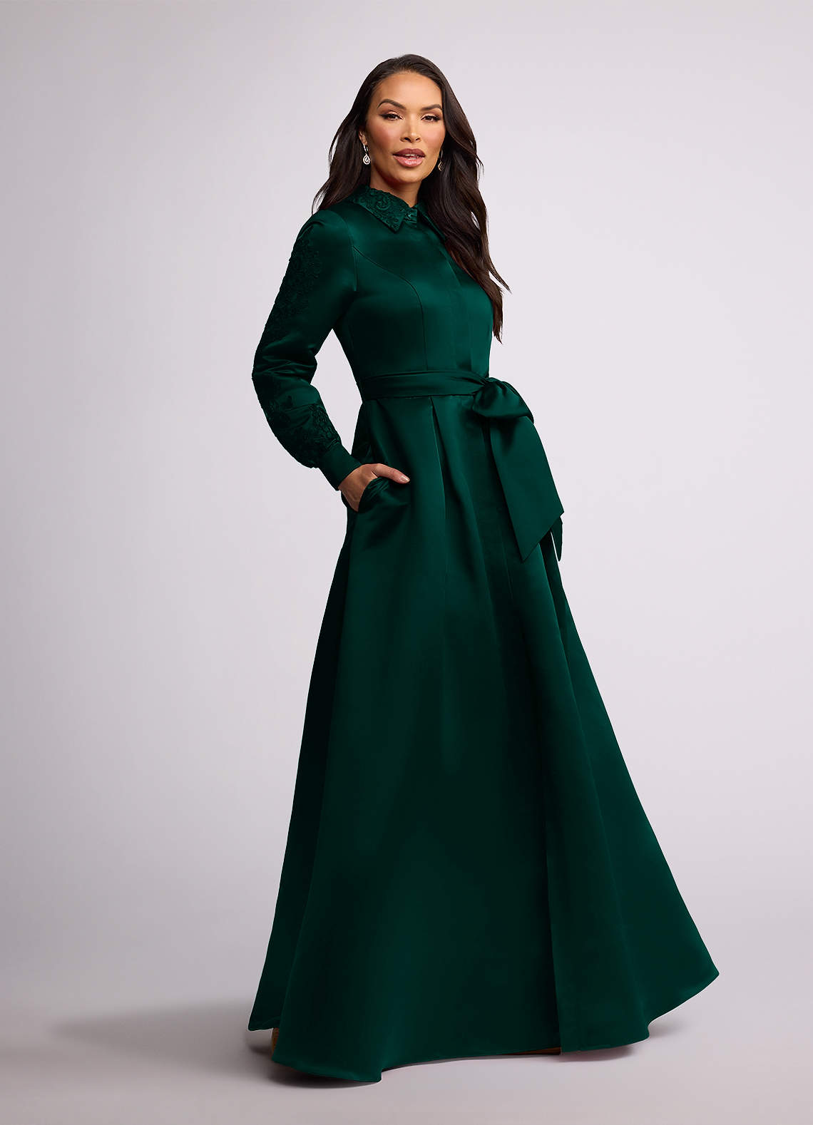 Pine Azazie Ruth A-Line Lace Matte Satin Floor-Length Dress | Azazie