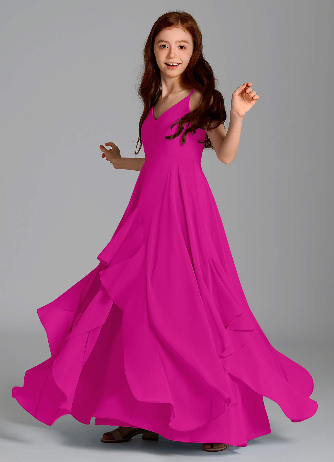 Azazie A-Line/Princess V-Neck Floor-Length Chiffon Junior Bridesmaid Dresses - Fuchsia