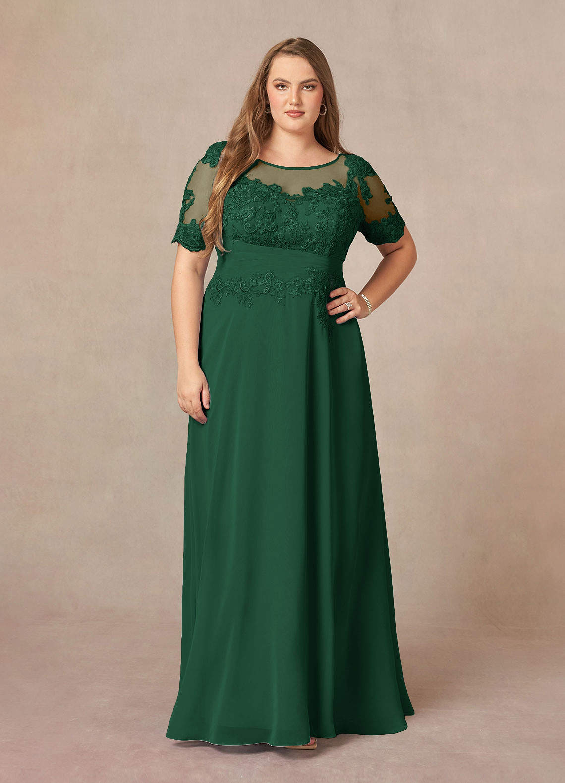 Azazie Raissa Dark Green A-Line Lace Chiffon Dress Ready to Ship | Azazie