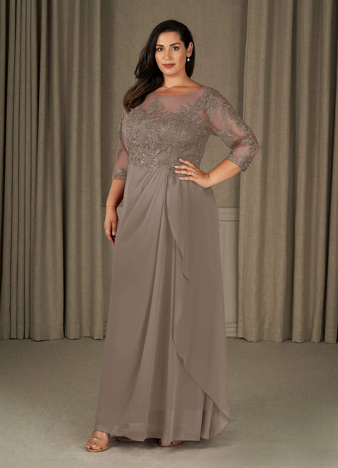 Azazie Calanthe Mother of the Bride Dresses Taupe A-Line Scoop Chiffon Dress image1