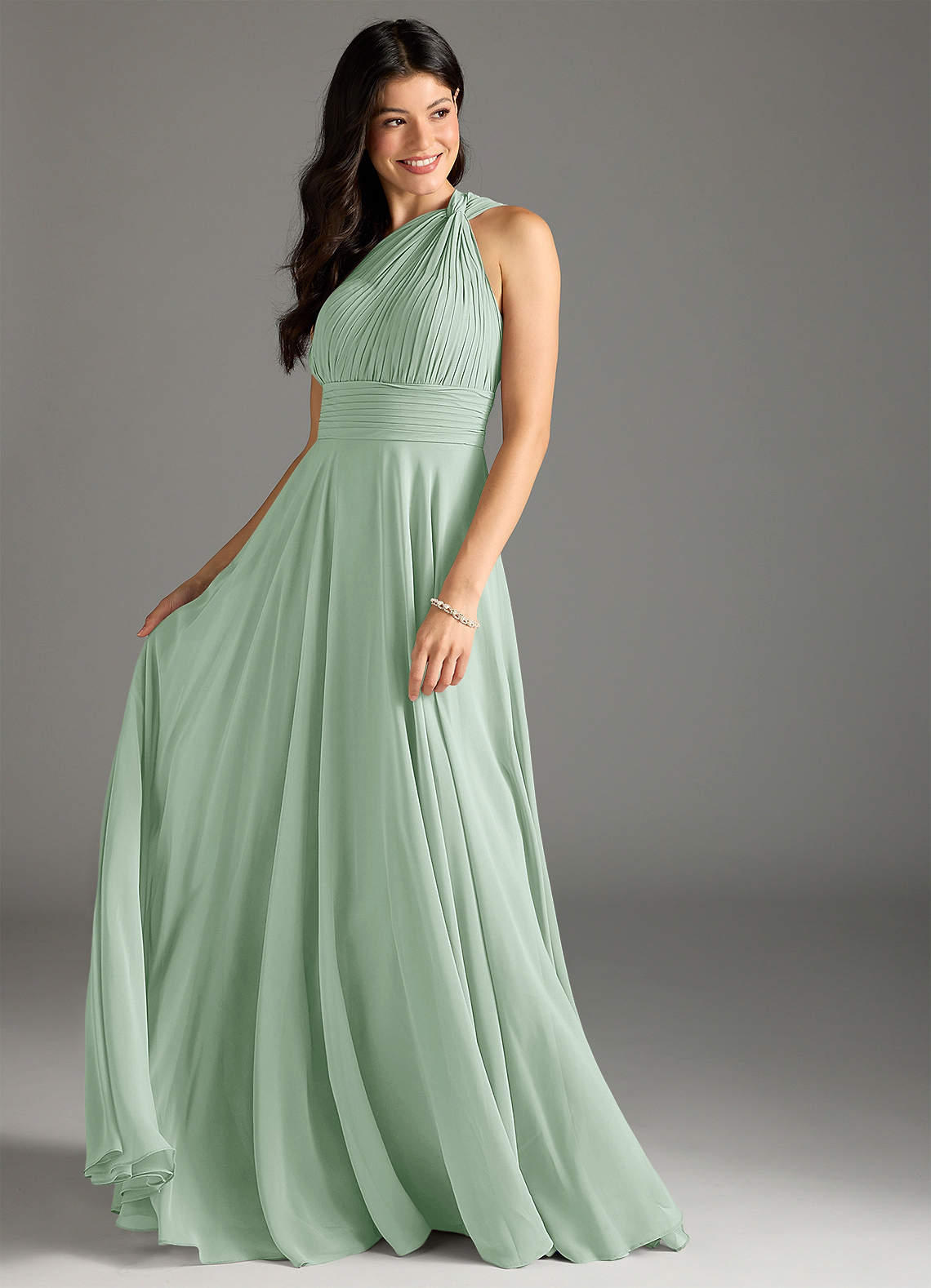 Azazie Charlize Bridesmaid Dresses Agave A-Line One Shoulder Chiffon Dress image2