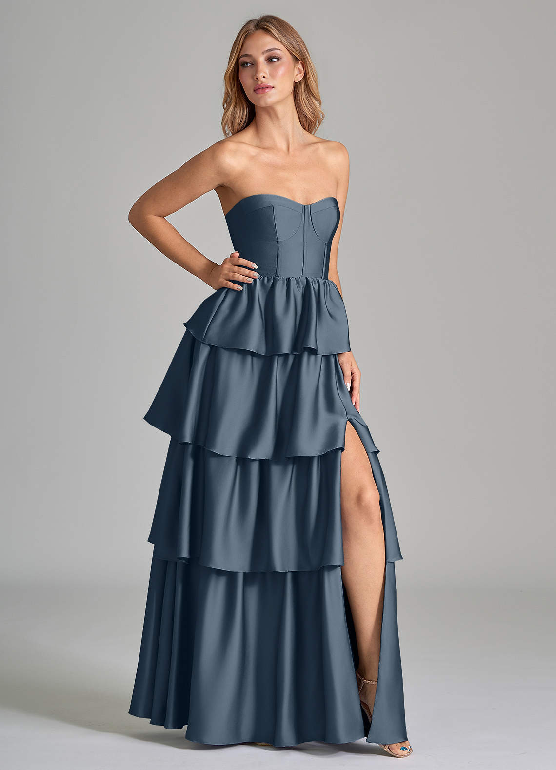 Azazie Faye Brautjungfernkleider A-Linie Gestreift Stretch-Satin Kleid Zwielichtviolett image1