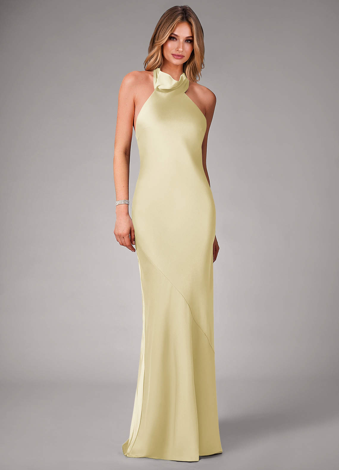Azazie Velli Bridesmaid Dresses Lemon Sorbet Mermaid High Neck Stretch Satin Dress image3