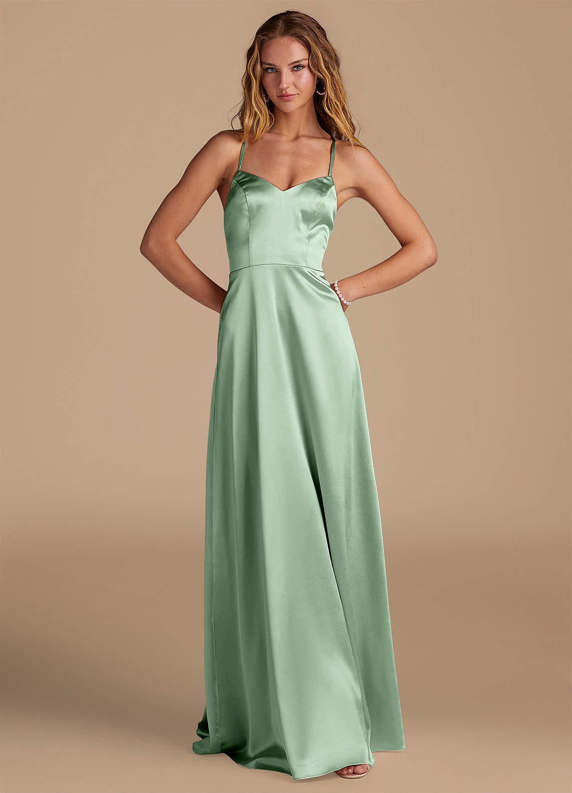 Azazie Mei Bridesmaid Dresses Matcha A-Line Metallic Satin Dress image1