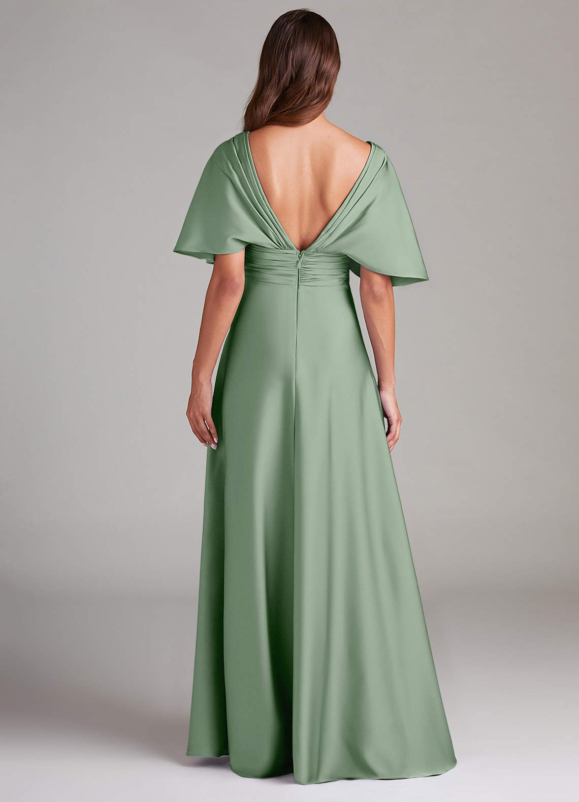 Azazie Pamela Robes de demoiselle d'honneur Robe Trapèze en Satin extensible Plissée Matcha image1