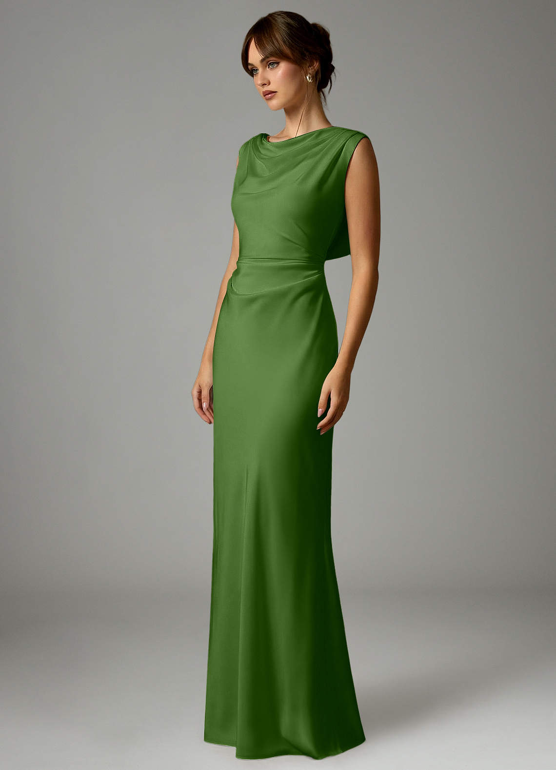 Azazie Kieryn Vestidos de damas de honor Vestido de Albahaca de Satén Elástico de Corte Sirena con Plisado image2