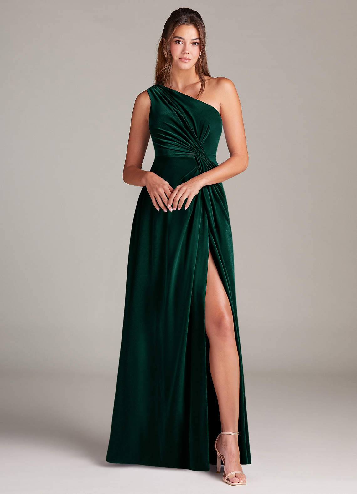 Azazie Brooke Bridesmaid Dresses Emerald A-Line One Shoulder Velvet Dress image3
