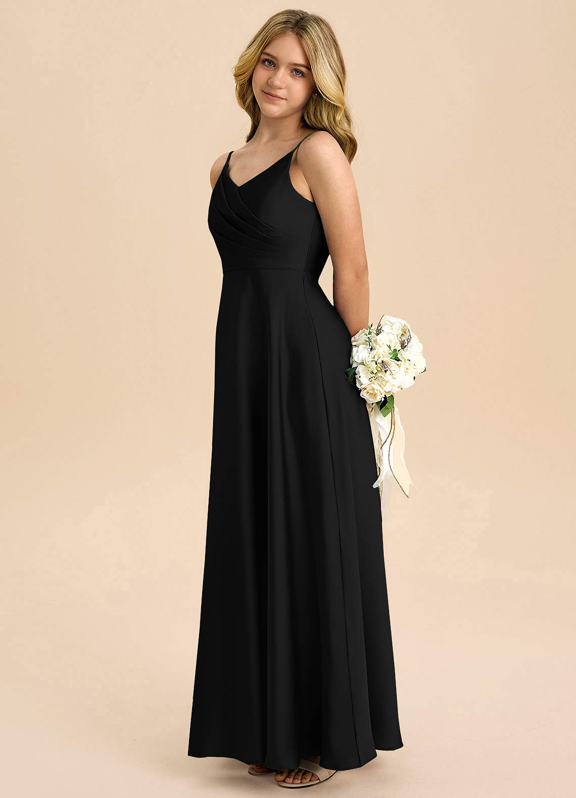 Azazie Bug Junior Robe Trapèze en Satin extensible Plissée Noir image6