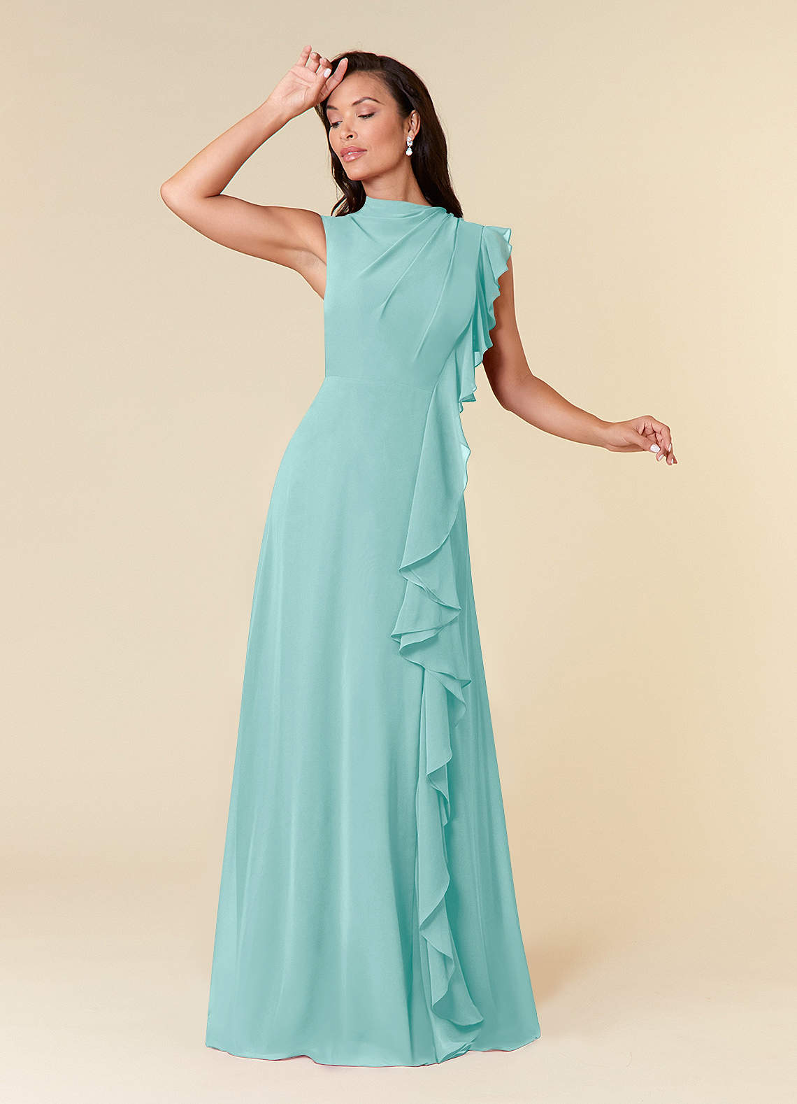 Azazie Narine Mother of the Bride Dresses Aqua A-Line High Neckline Pleated Chiffon Dress image1