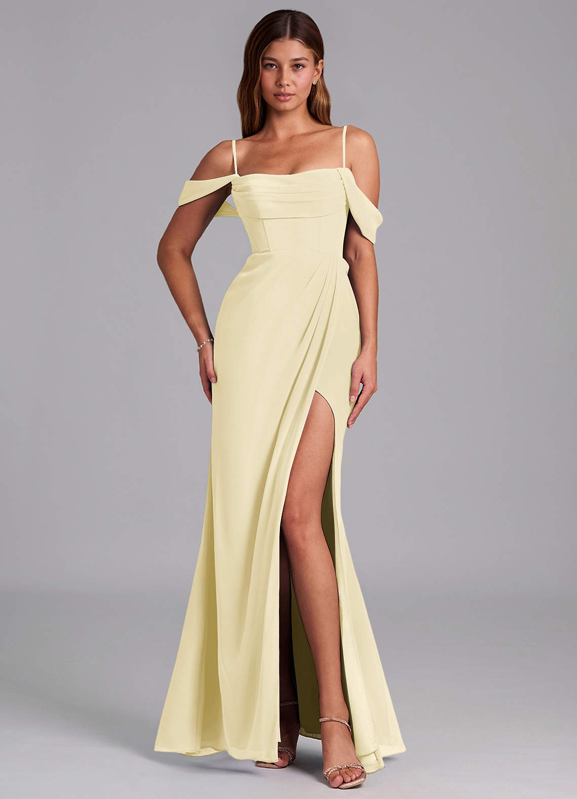 Azazie Johana Brautjungfernkleider Wandelbar Meerjungfrau-Linie Schulterfrei Chiffon Kleid Zitronensorbet image3