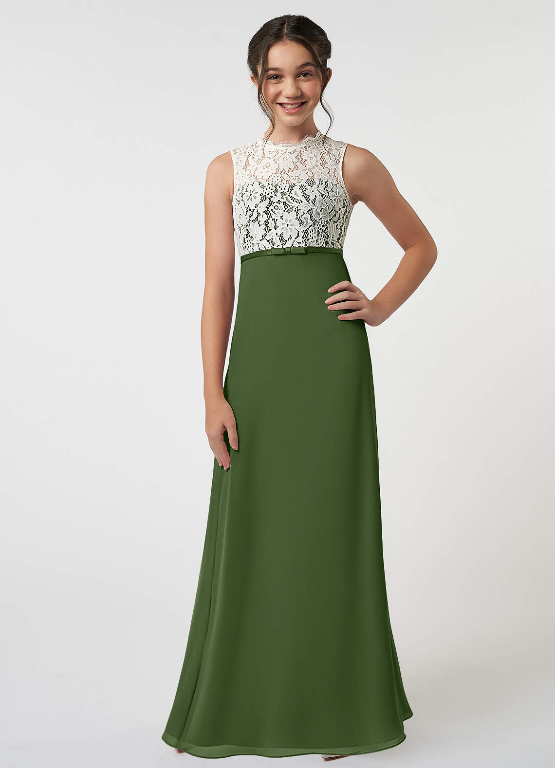 Azazie Rana Junior Olive A-Line Lace Chiffon Dress image1