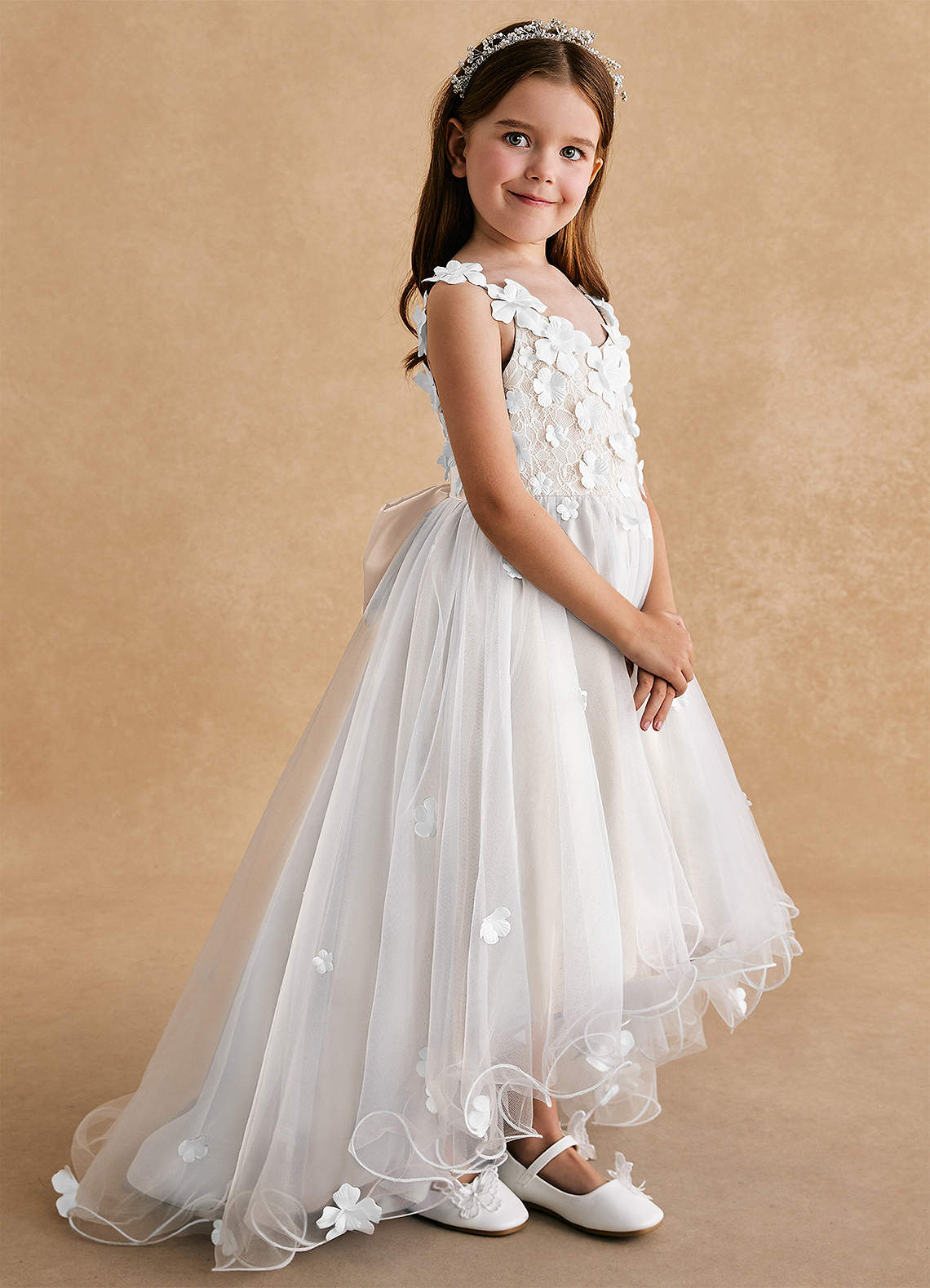 Azazie Celia Flower Girl Dresses White Alabaster A-Line Lace Tulle Dress image1