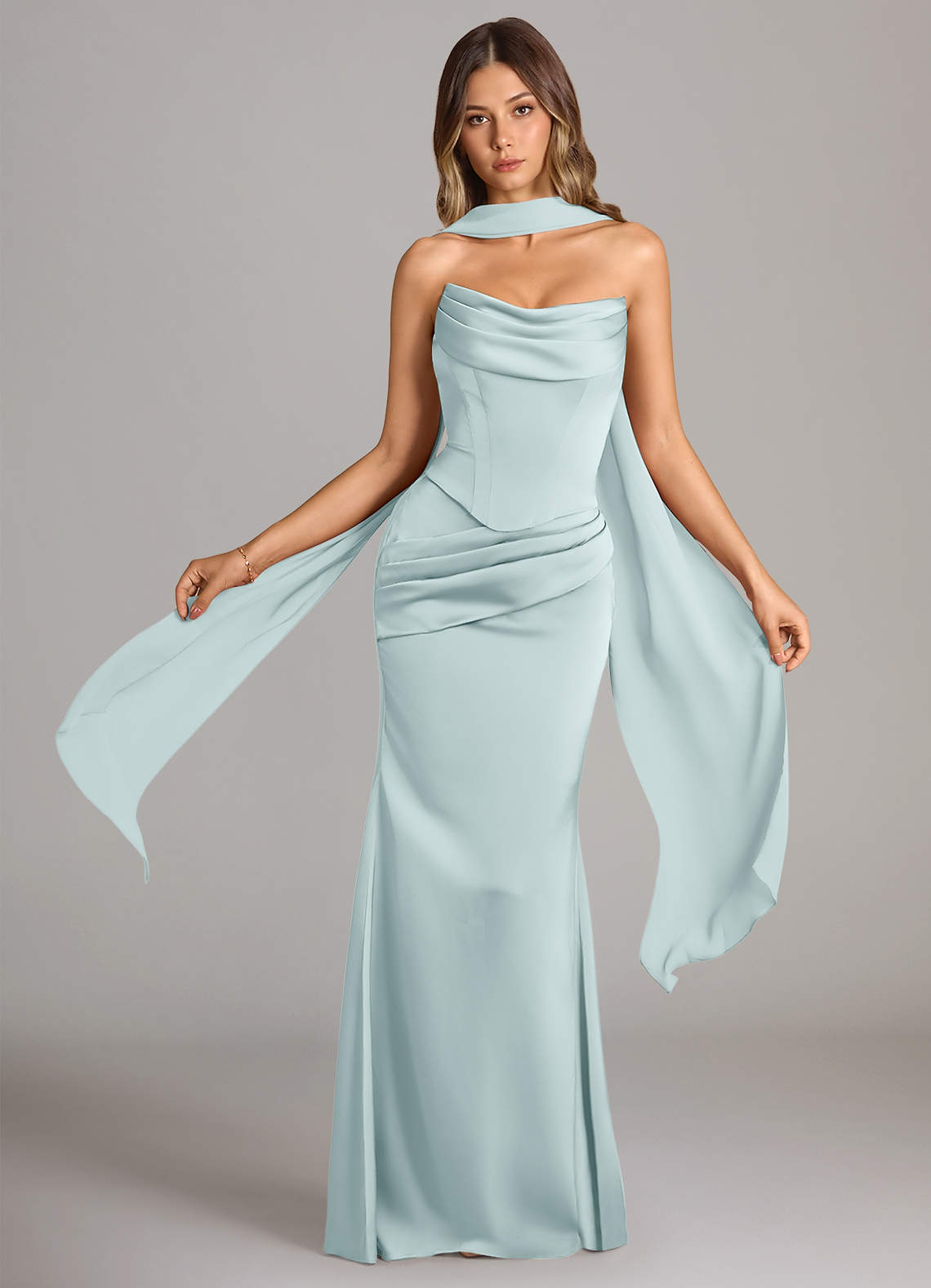 Azazie Mermaid Cowl Neck Floor-Length Chiffon Bridesmaid Dresses - Mist