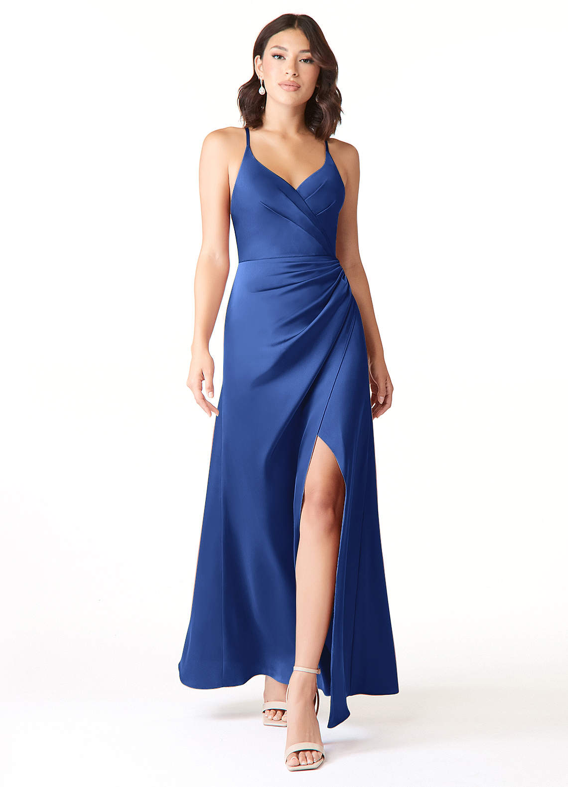 Azazie Geanna Bridesmaid Dresses Royal Blue Sheath V-Neck Pleated Stretch Satin Dress image1