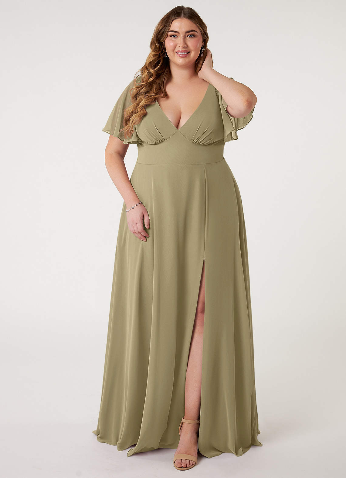 Azazie Kimber Bridesmaid Dresses Moss Green A-Line Flounce Sleeve Chiffon Dress image1