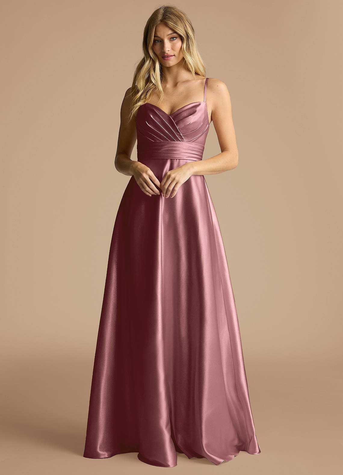 Azazie Oliana Bridesmaid Dresses Vintage Mauve A-Line Pleated Metallic Satin Dress image1