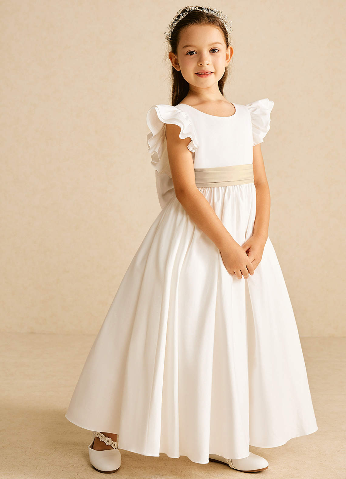 Azazie Aero Flower Girl Dresses Ivory Champagne A-Line Pleated Cotton Dress image4