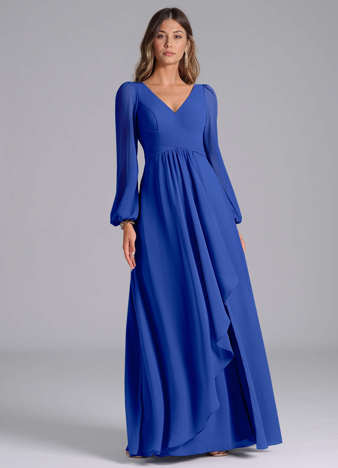 Azazie A-Line V-Neck Long Sleeve Floor-Length Chiffon Bridesmaid Dresses