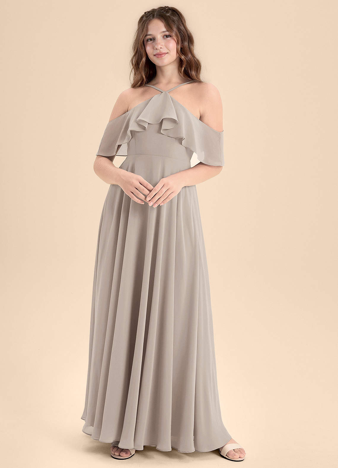 Azazie Tessabelle Junior Abito A-Line in Chiffon a Spalla Scoperta Gelo image1
