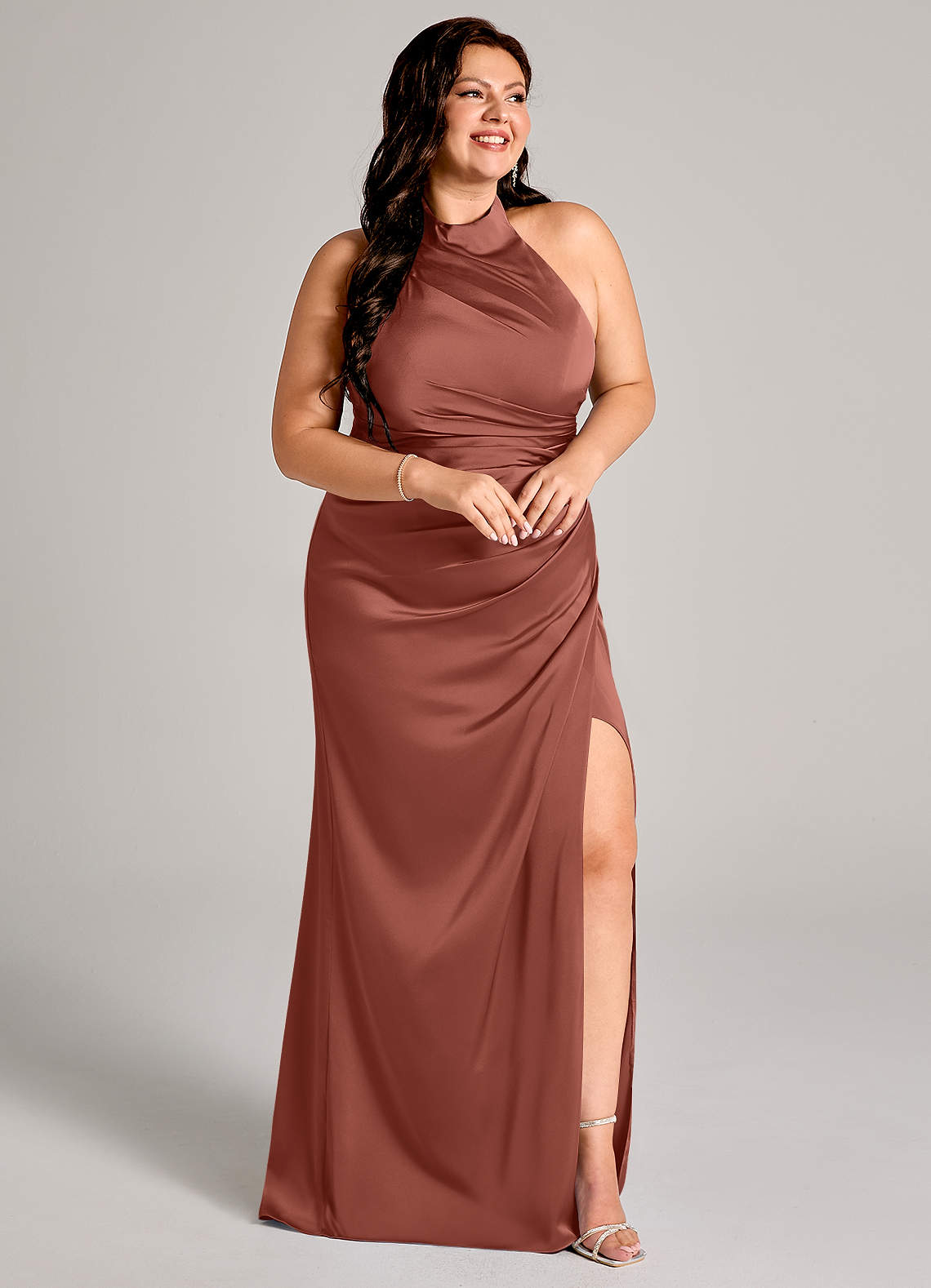 Azazie Jemma Bridesmaid Dresses Auburn Sheath Pleated Stretch Satin Dress image1