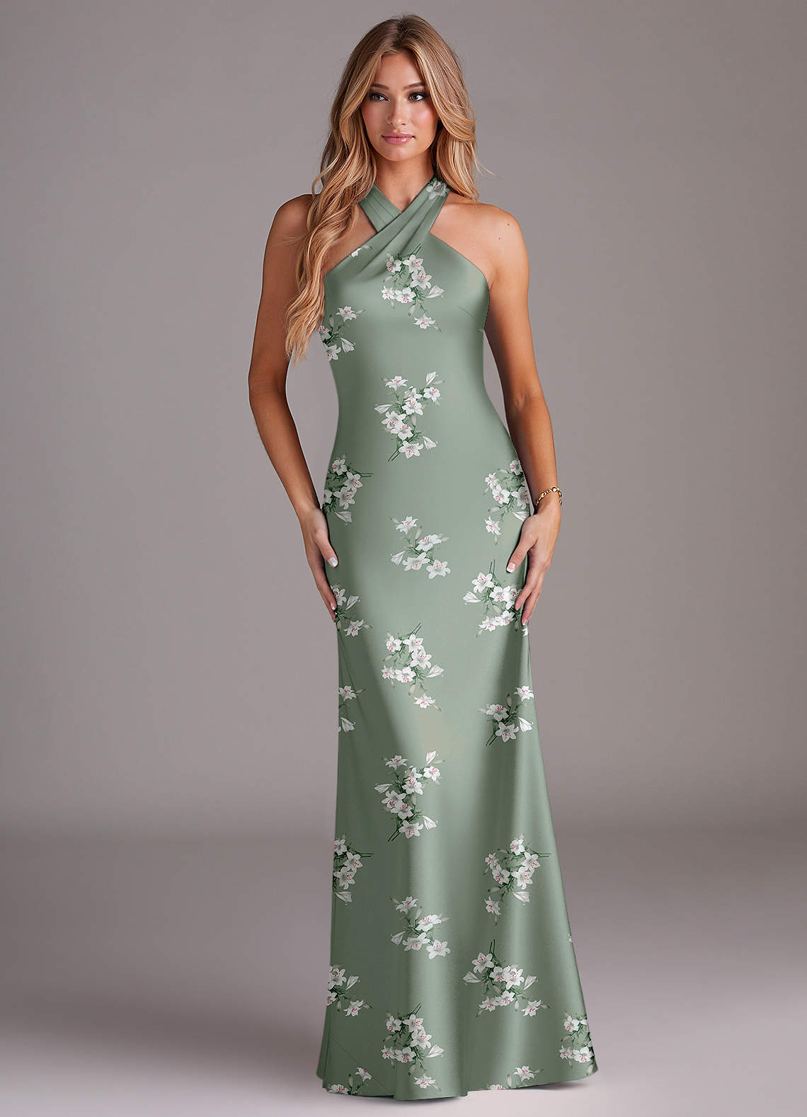 Azazie Doretta Brudtärnklänningar Klänning av Sjöjungfru i Stretch Satin Plisserad Agave Lilly Blommor image1
