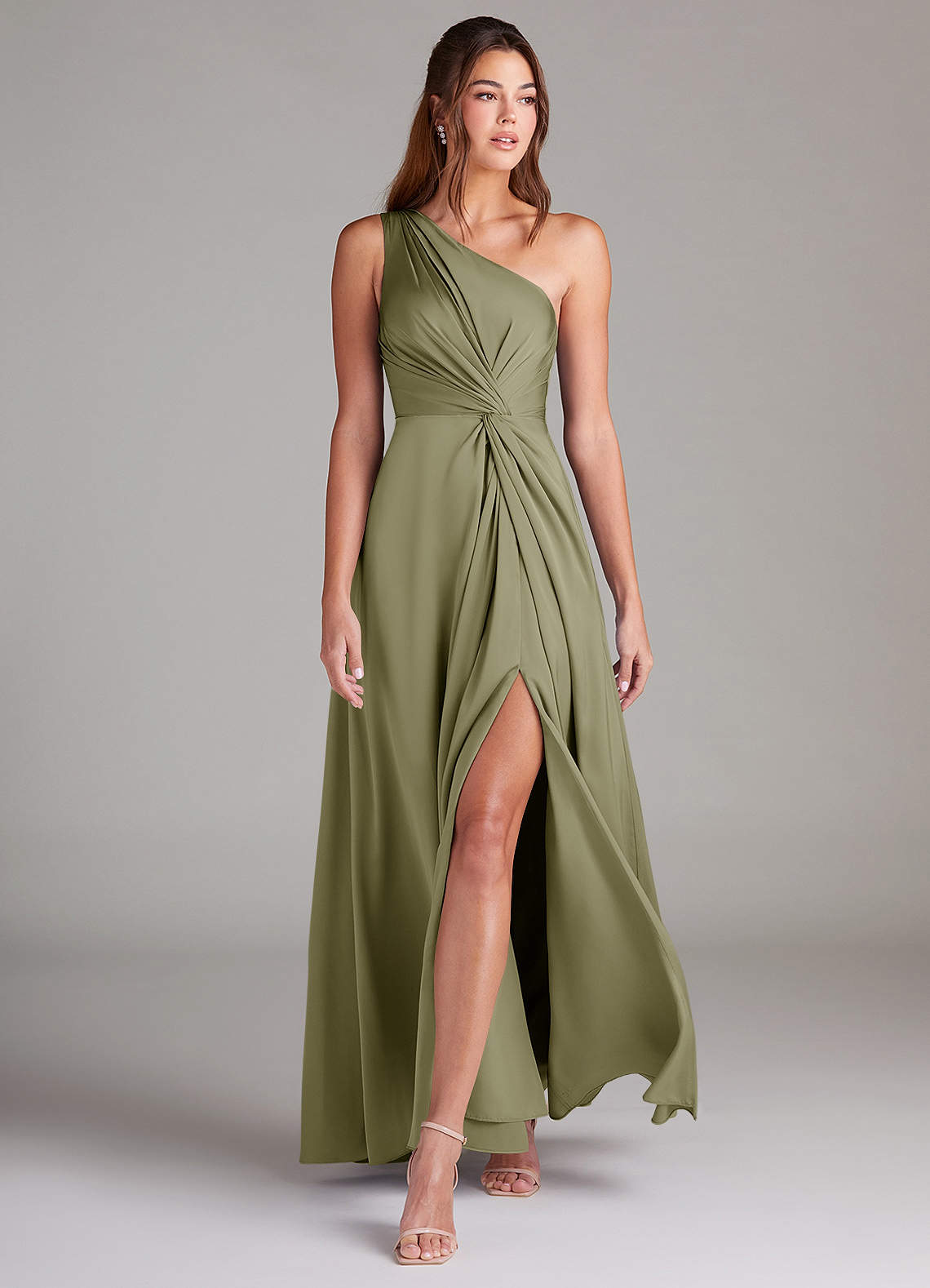 Azazie Brooke Bridesmaid Dresses Pistachio A-Line One Shoulder Stretch Satin Dress image2