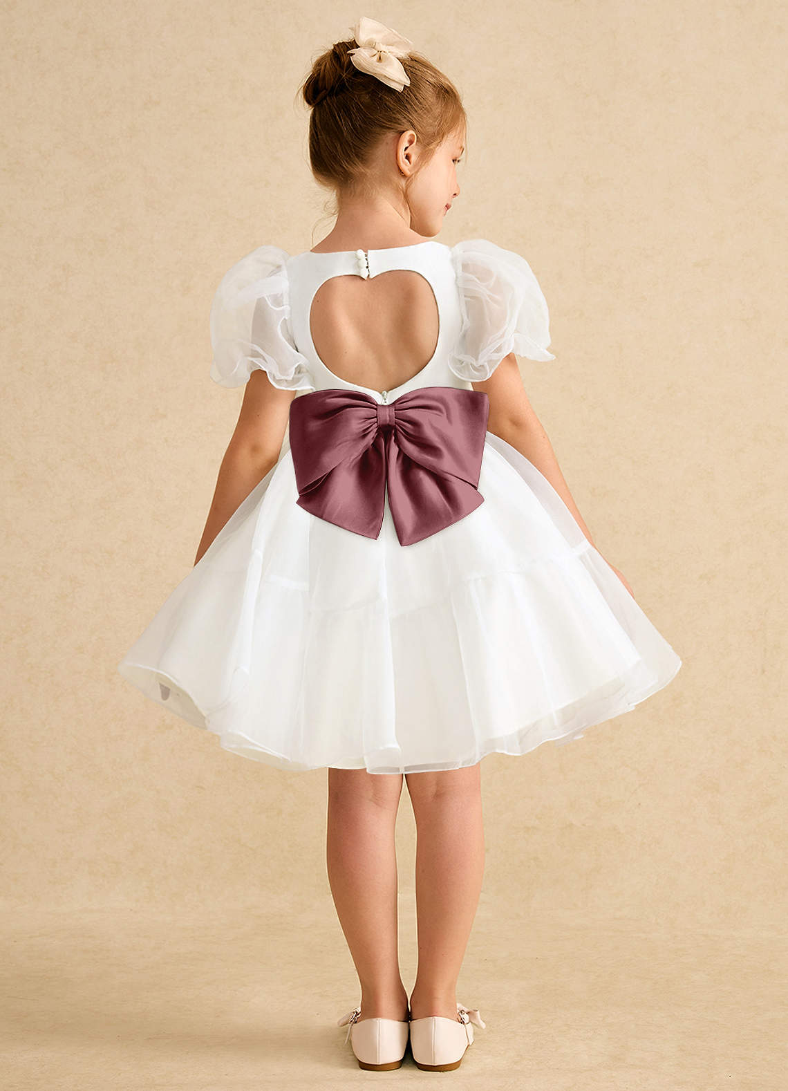 Azazie Debbie Robe Demoiselle D'honneur Fillette Robe Princesse en Organza Encolure en Forme de Cœur Ivoire Rose Désert image1