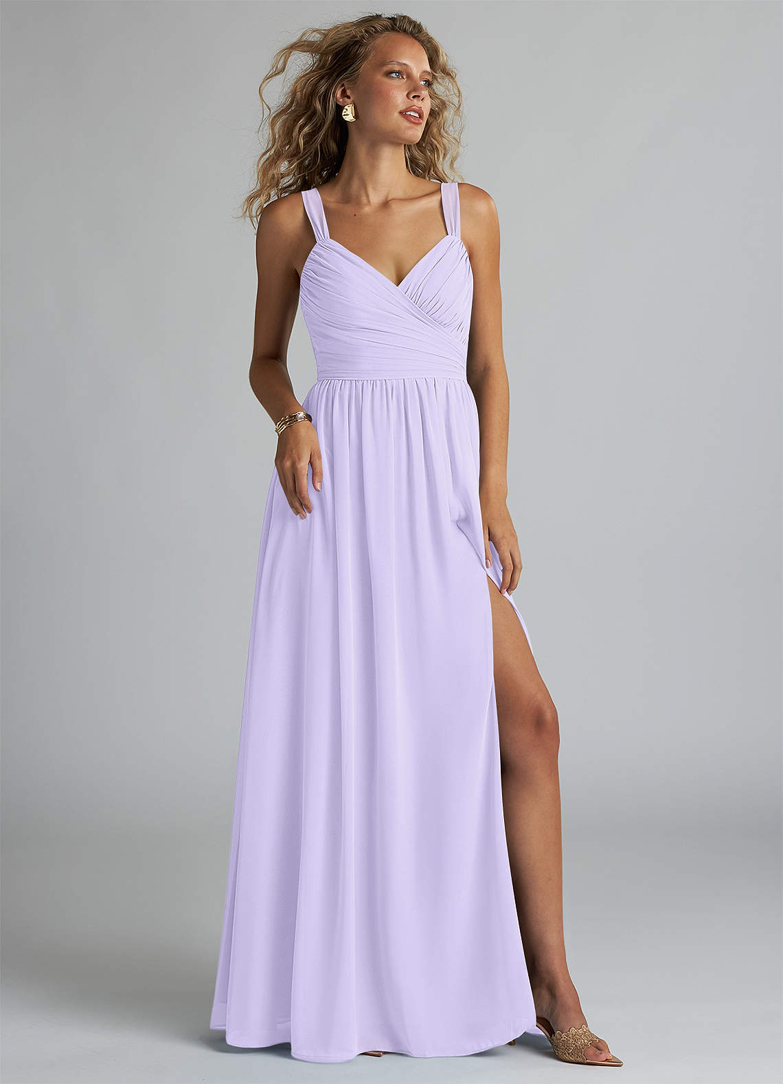 Azazie Aziza Brautjungfernkleider A-Linie V-Hals Gefaltet Chiffon Kleid Flieder image1
